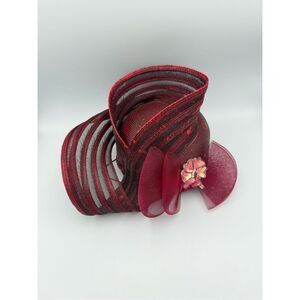 Vintage Womens Burgundy Straw Mesh Flower Sequin Organza Fascinator Kentucky Der